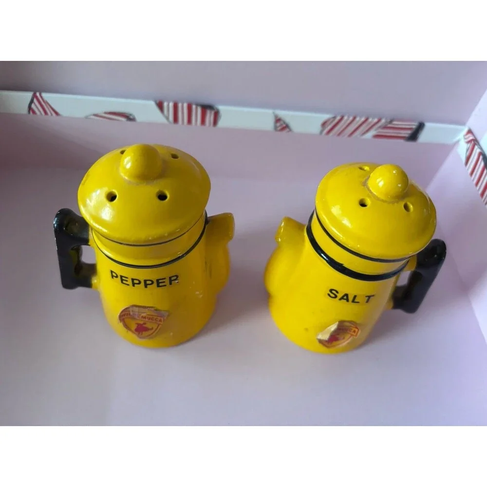 Vtg Yellow Coffee Tea Pot  Salt & Pepper Shakers Japan w/Business Logo